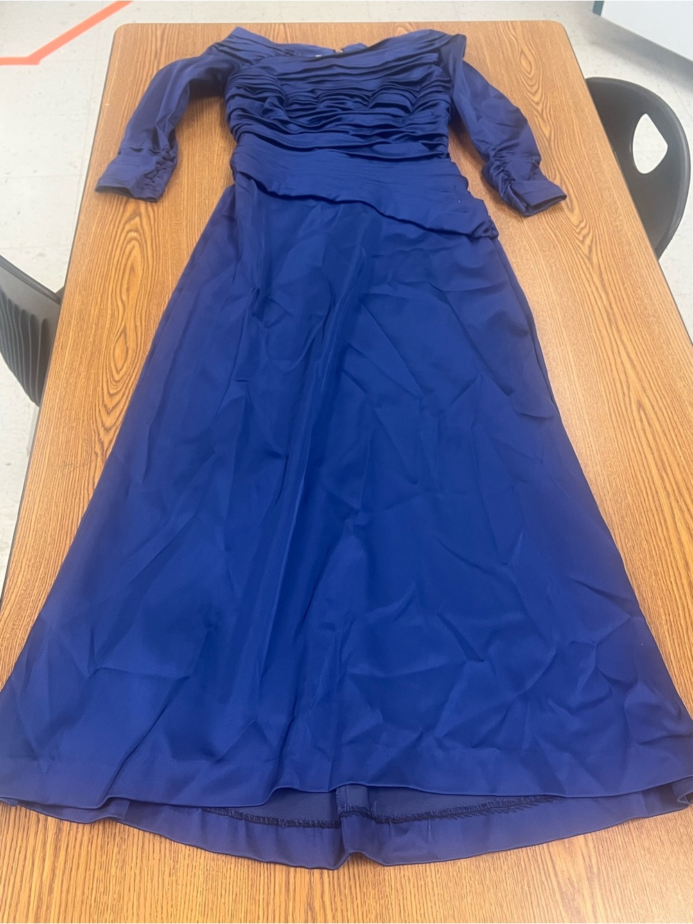 Vintage Tadashi Shoji Royal Blue Satin Evening Gown Pleated Top Boat Neck Size 4